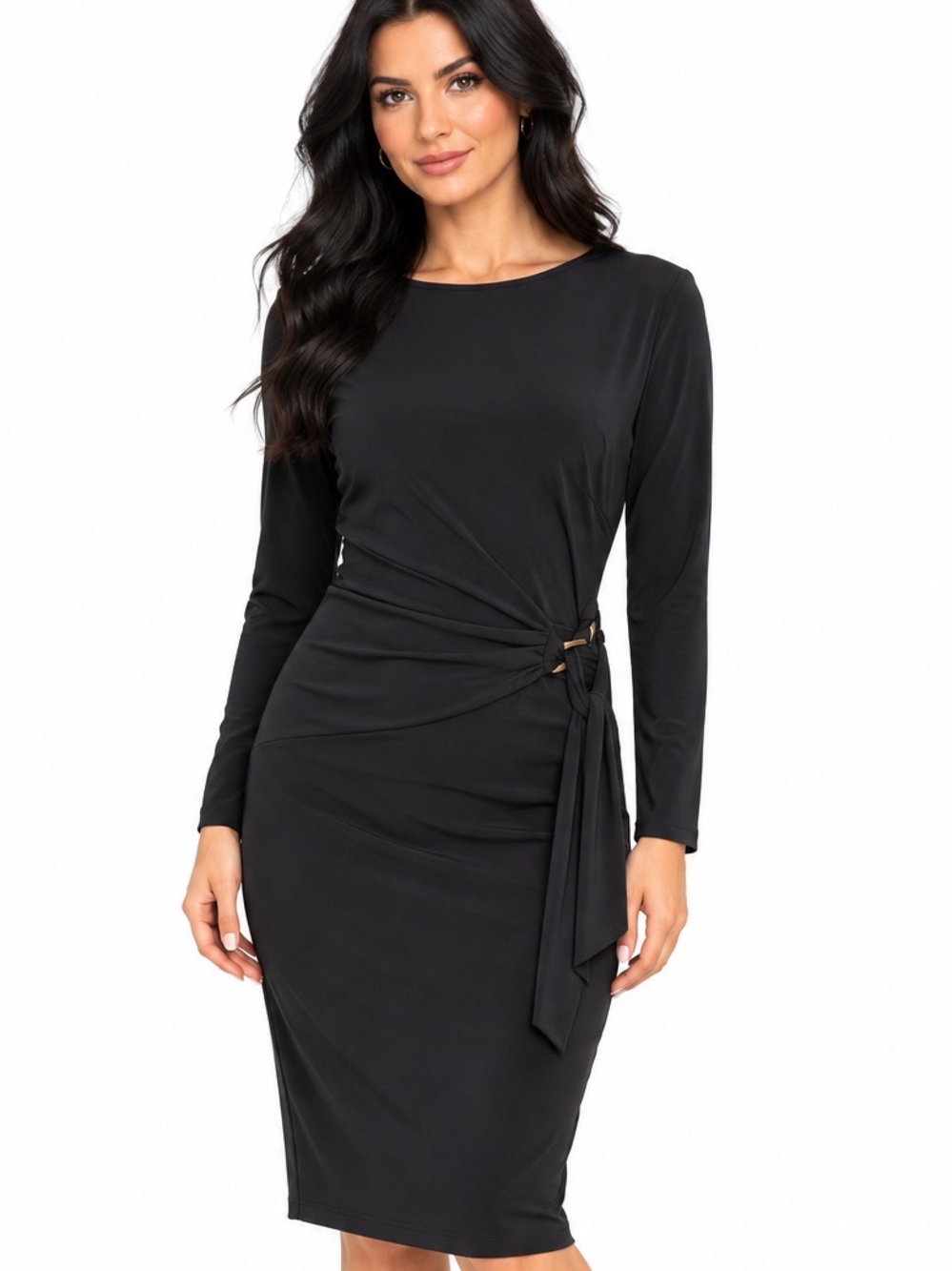 Vintage Cache Classic Black Long-Sleeve Sheath Dress with Side Tie